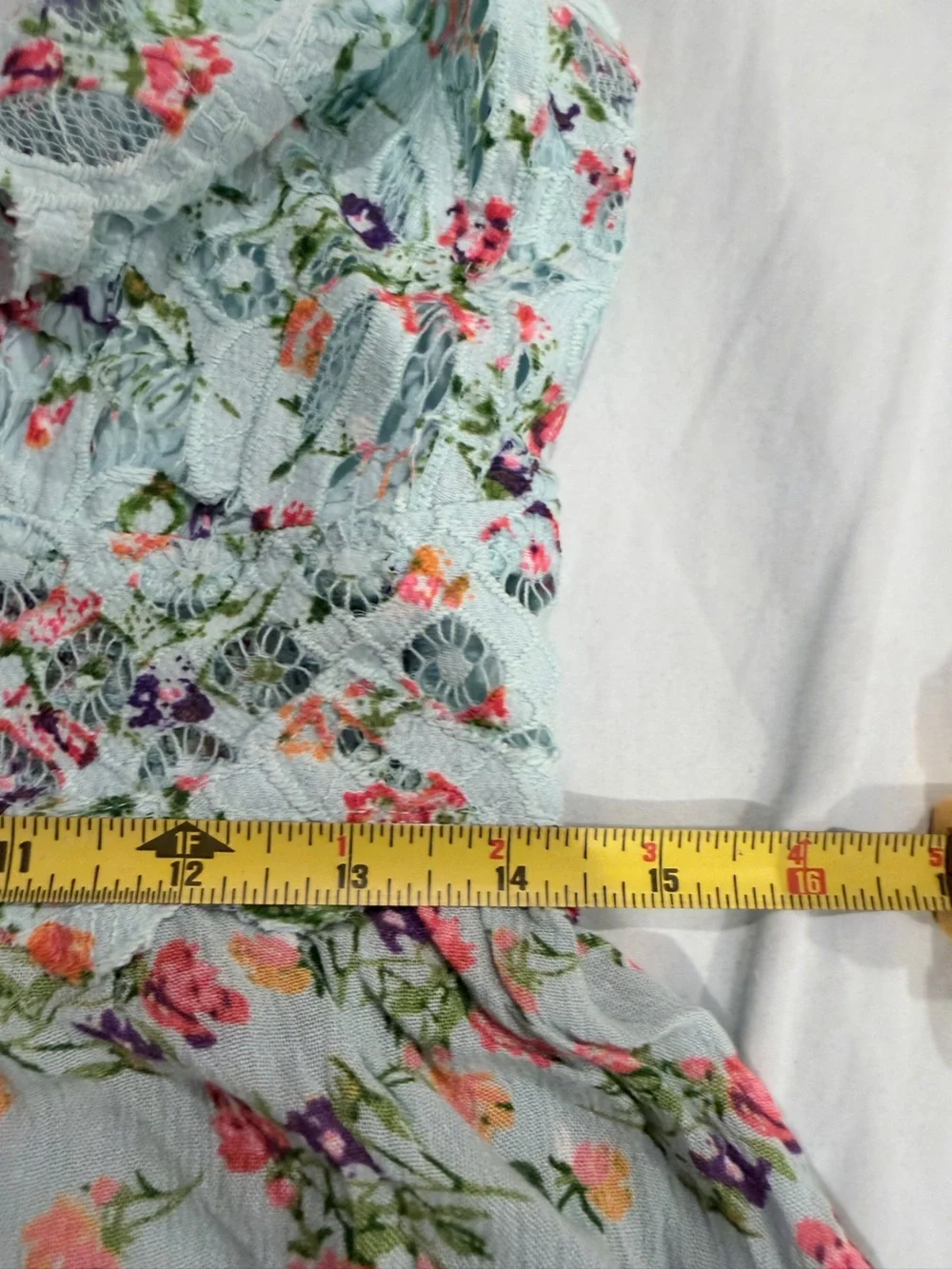 BNWOT Free People Pale Blue Floral Lace-Trim Asymmetrical Cross Back Dress - XL - Picture 11 of 15